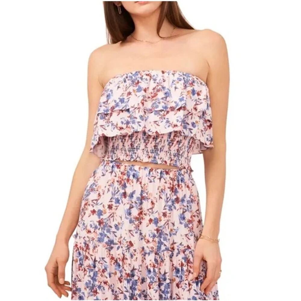 New 1.STATE REVOLVE Floral Pink Multi Strapless Smocked Ruffle Top Size XL